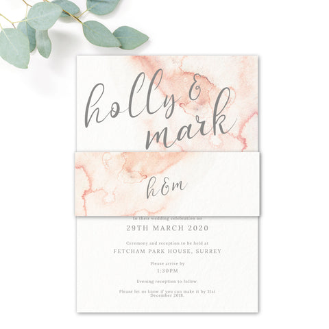 Aurora Watercolour Coral Blush Grey Wedding Belly Band Invitation 