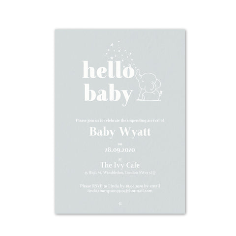 Baby Elephant Personalised Baby Shower Invitation - Grey and White