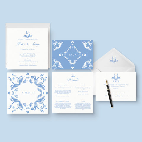 Blue and white elegant invitation suite with square card, rsvp card and information insert card with envelopes 
