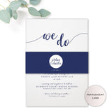 Hampton Pearlised Navy Blue Wedding Invitation with personalised monogram and belly band