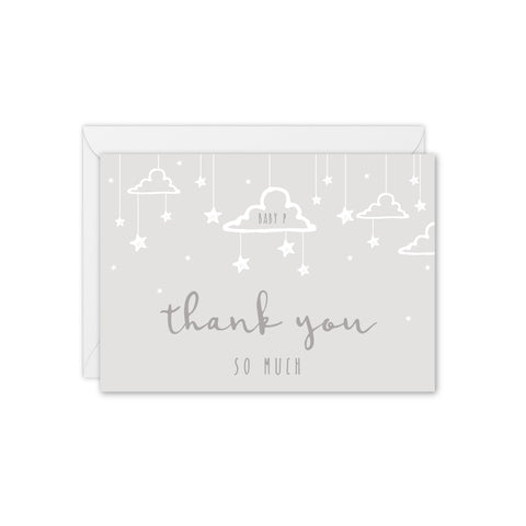 Little Dreamer Clouds and Stars Personalised Baby Thank You Card - Grey