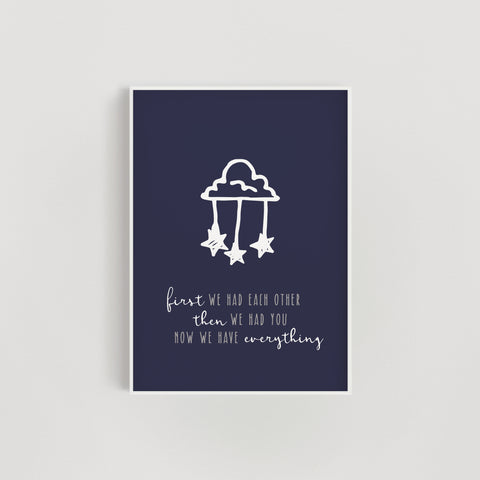 Clouds and Stars 'Now we have everything' Nursery Print - Navy