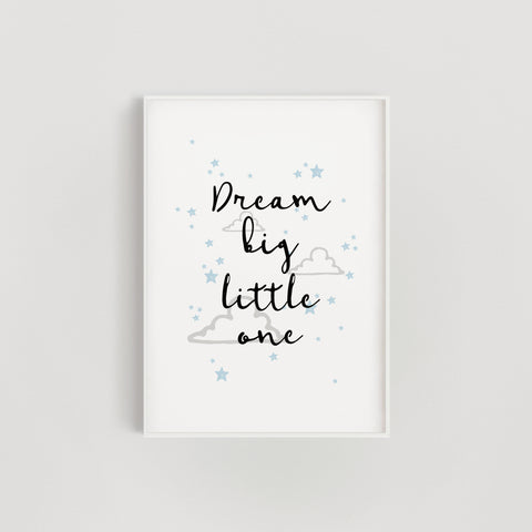 Clouds and Stars 'Dream Big Little One' Nursery Print - Blue