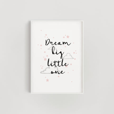 Clouds and Stars 'Dream Big Little One' Nursery Print - Pink