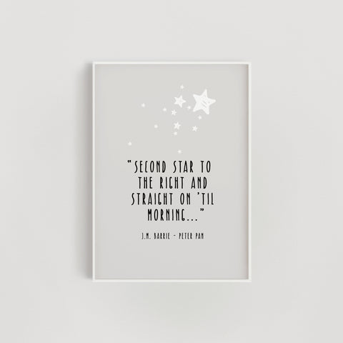 Second Star to the Right' Peter Pan Quote Nursery Print - Grey