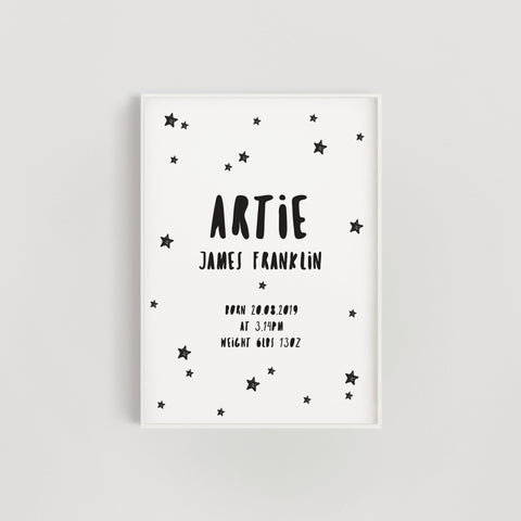Doodle Stars Personalised Baby Name Nursery Print - Black and White