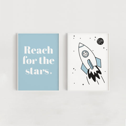 Space Rocket and Stars Quote Set of Two Nursery + Kids Prints - Blue