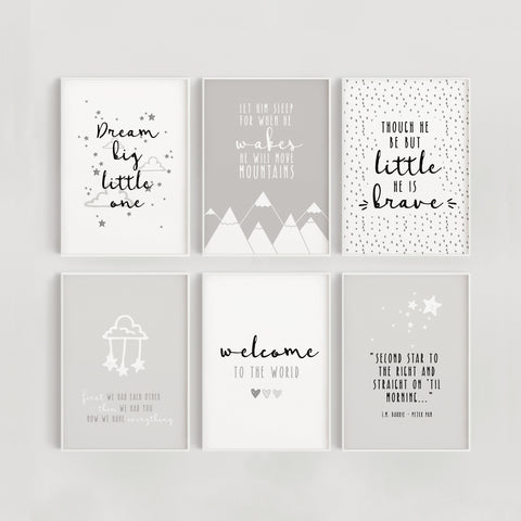 Little Dreamer Set of 6 Nursery Prints - Grey