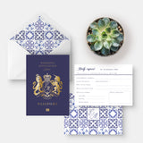 Passport wedding invitation with gold foil and blue and white spanish tile print 