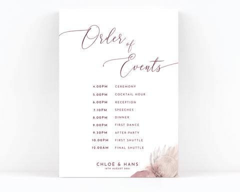 Protea Wedding Order of the Day Sign