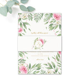 Rosa Blush Greenery Floral Print Wedding Invitation with White monogram belly band 