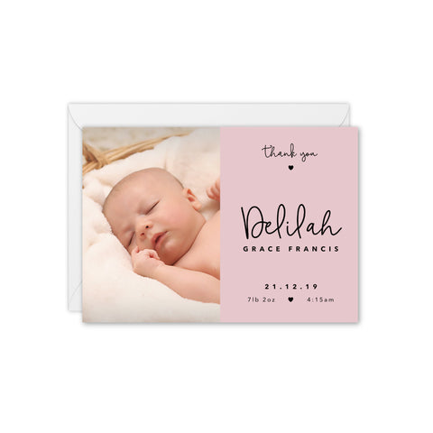 Tiny Hearts Baby Photo Announcement / Thank You Card - Pink
